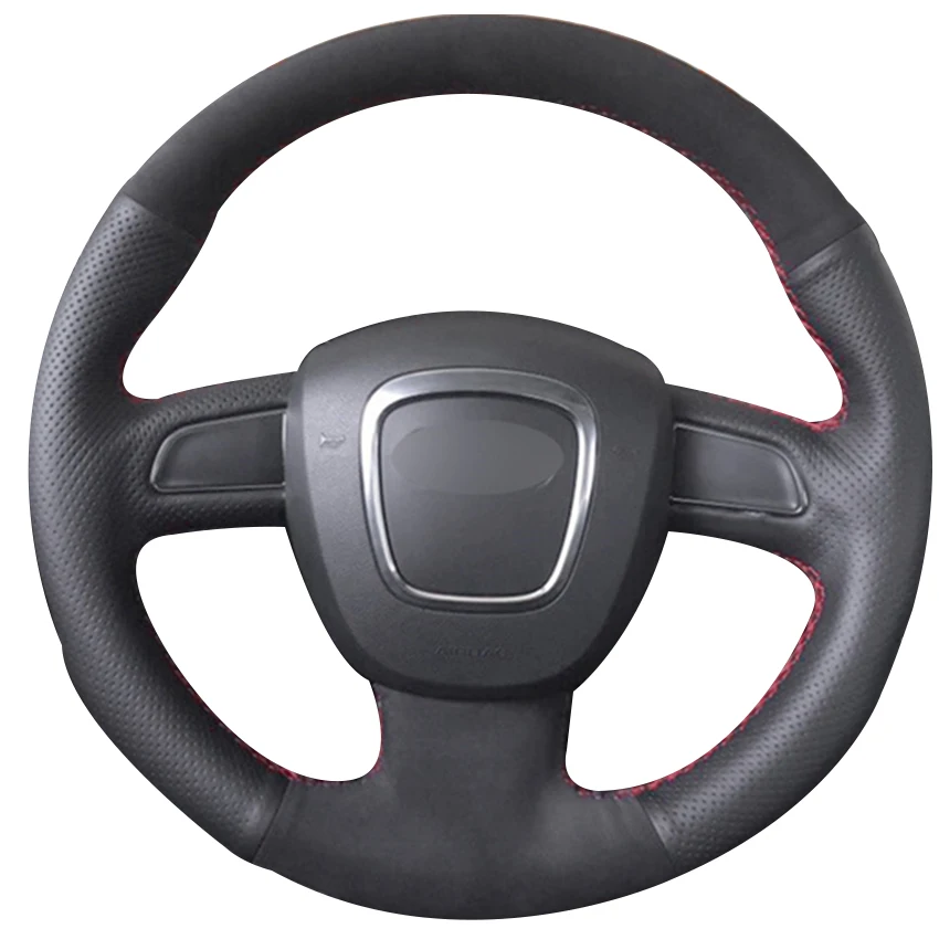 Black Natural Leather Black Suede Car Steering Wheel Cover for Audi A3