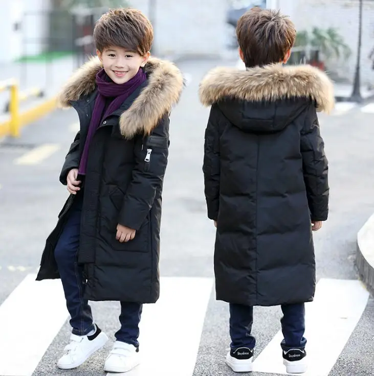 

Mid-long Boys Down Jacket Warm Duck Down Sloid Color Coats Long Sleeve Children Casual Fur Hooded Jackets Winterjas Kinderen