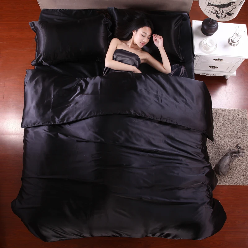 pure color luxury silver satin silk bedding set 3 4pcs bed sheet black satin sheet set