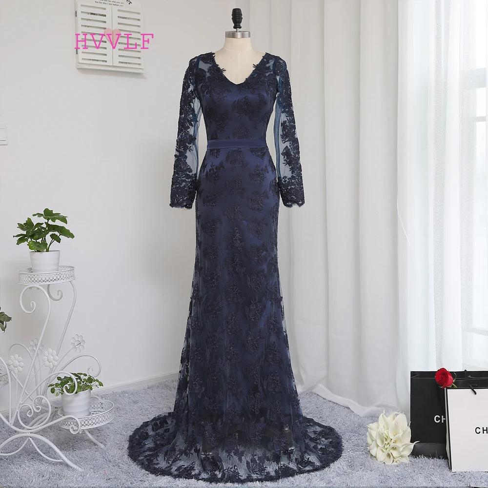 

HVVLF Navy Blue Evening Dresses 2019 Mermaid V-neck Long Sleeves Appliques Lace Long Evening Gown Prom Dress Prom Gown