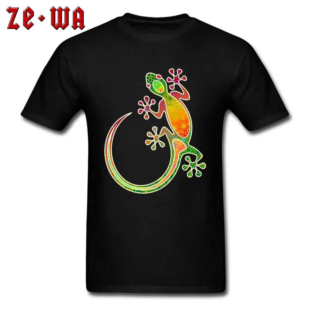 Gecko Floral Tribal Art Newest Short Sleeve Printed On T Shirt 100% Cotton Crew Neck Men T Shirt Custom Tees Summer Gecko Floral Tribal Art black