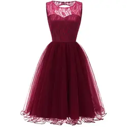 ChicTea-length Tulle Lace вечерние Y Dress A-Line o-шея Midi Бордовое платье для выпускного Выпускные коктейльные платья