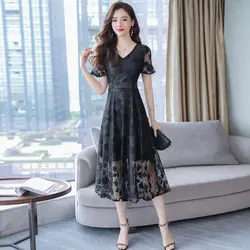 Летнее простое модное кружевное женское длинное платье 2018 новый стиль с коротким рукавом и v-образным вырезом дизайн темперамент черные