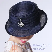 Free Shipping Women Hat Summer Elegant Ladies Organza Hat Navy Fedora Pork Hat for Ladies