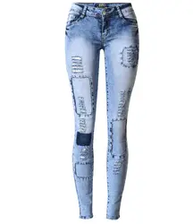 Новые хлопковые высокие эластичные подражать Рваные джинсы для Для женщин Мода плюс Размеры обтягивающие джинсовые штаны женские плотно
