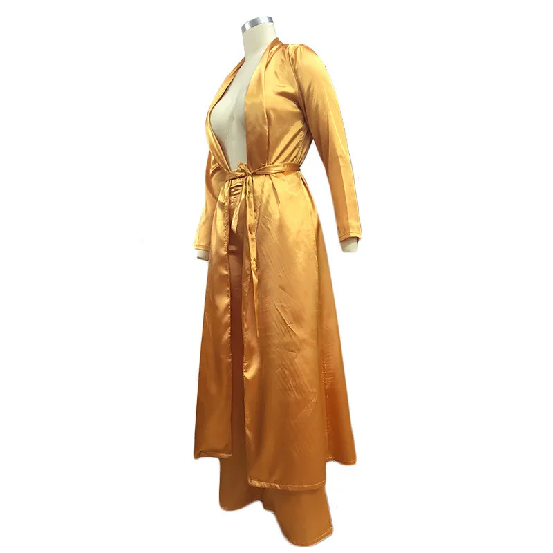Атласный комплект из двух предметов Женская мода длинное кимоно кардиган Тренч пальто и широкие брюки комплект женские брюки костюмы 2 шт