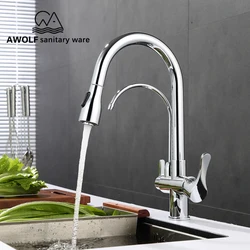 Robinet d'évier de cuisine à double sortie d'eau, bec extractible, pivotant à 360 degrés, eau chaude et froide, SD1013