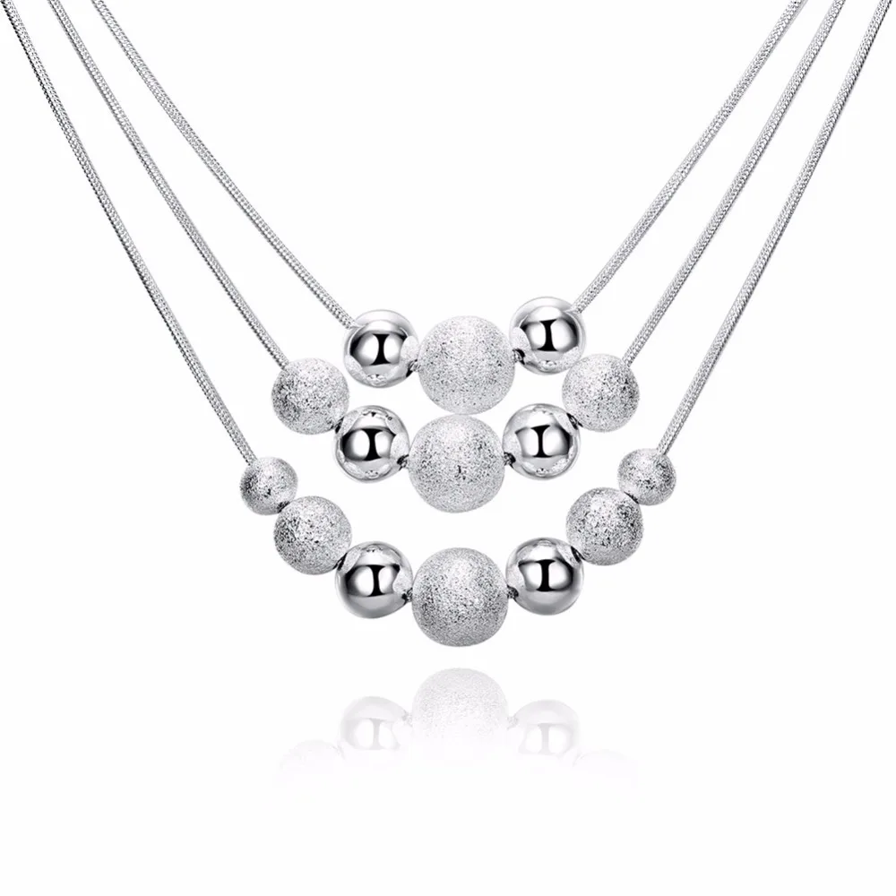 CHUKUI Silver Color Classic Three Chain Light Sand Beads Necklace Three Layers Bead Chain Necklace For Women Wedding Party  (3)
