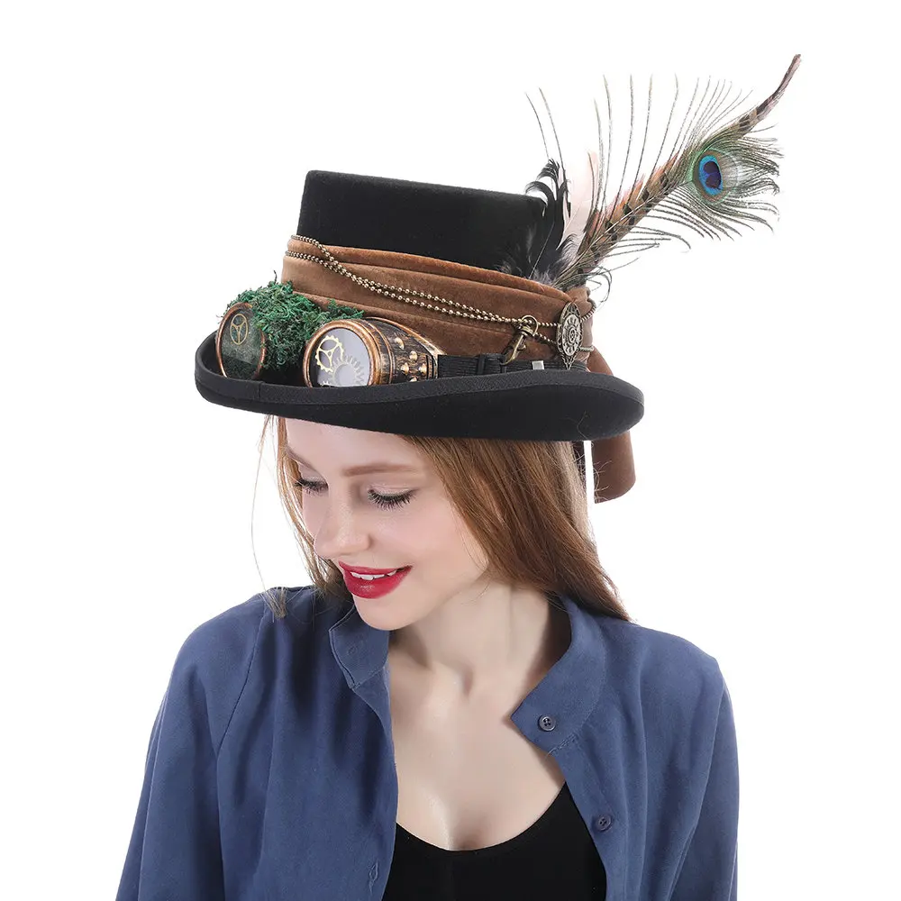 15CM Top Black Women Wool Steampunk Top Hat For Lady Handmade Glasses Gear Feather Fedora Hat 4