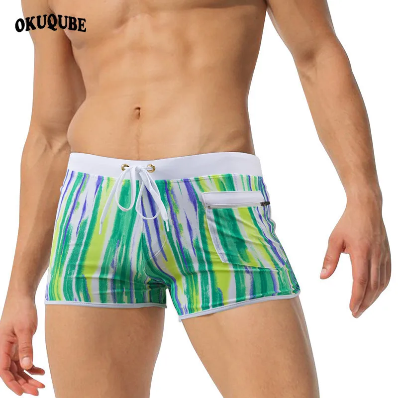 

OKUQUBE 2018 New Men's Swimming Trunks Striped Beach Shorts Nylon Swimsuit Breathable Swimwear Print Briefs Tied XL Bathing Suit