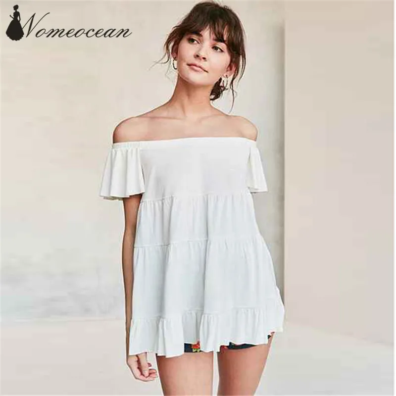 Elastic Band Slash Neck Women T shirts Swing Sweep Ruffle Casual Tee