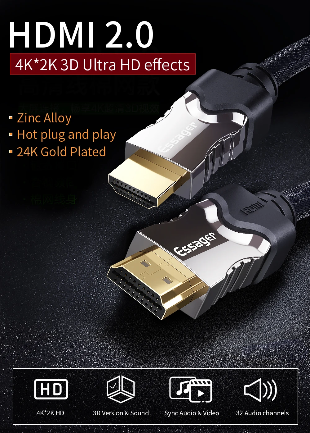 Кабель Essager HDMI в HDMI 2,0 кабель 4K 1080P 3D HDMI адаптер для проектора PS4 HD tv ноутбук 5 м 10 м 15 м 20 м шнур