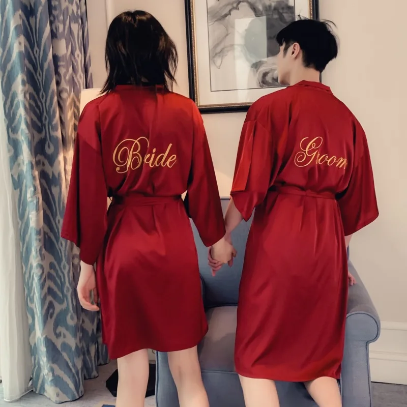 

Charming Bride Bridesmaid Dressing Gown Embroidery Women Men Kimono Bathrobe Wedding Party Groom&Groomsman Robes Nightgown