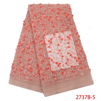 

Beaded African Lace Fabric 5 Yards 2020 Latest Nigerian French Lace Fabric Net Guipure Cord Lace Fabric QF2737B-5