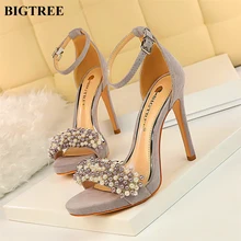 Rhinestone Della Perla di modo Delle Donne Dei Sandali di Estate Scarpe Open Toe Flock Fibbia Alla Caviglia Pompe Sexy Della Piattaforma Delle Donne Scarpe Tacchi Alti Del Partito