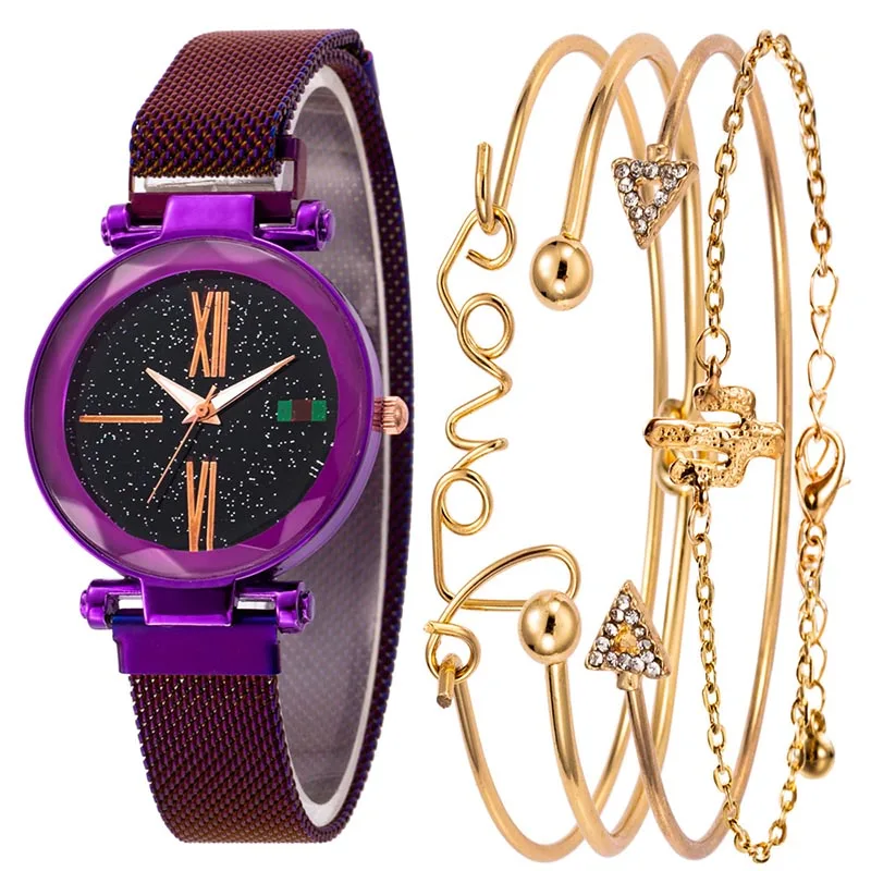 5 шт. в наборе, часы звездного неба для женщин,, женские наручные часы на запястье, модное платье, кварцевые часы, женский подарок, montre femme reloj mujer - Цвет: Purple