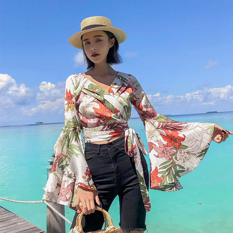 

New arrival fashion high quality beach shirt female Korean OL comfortable holiday print shirt professional sweet cute shirt