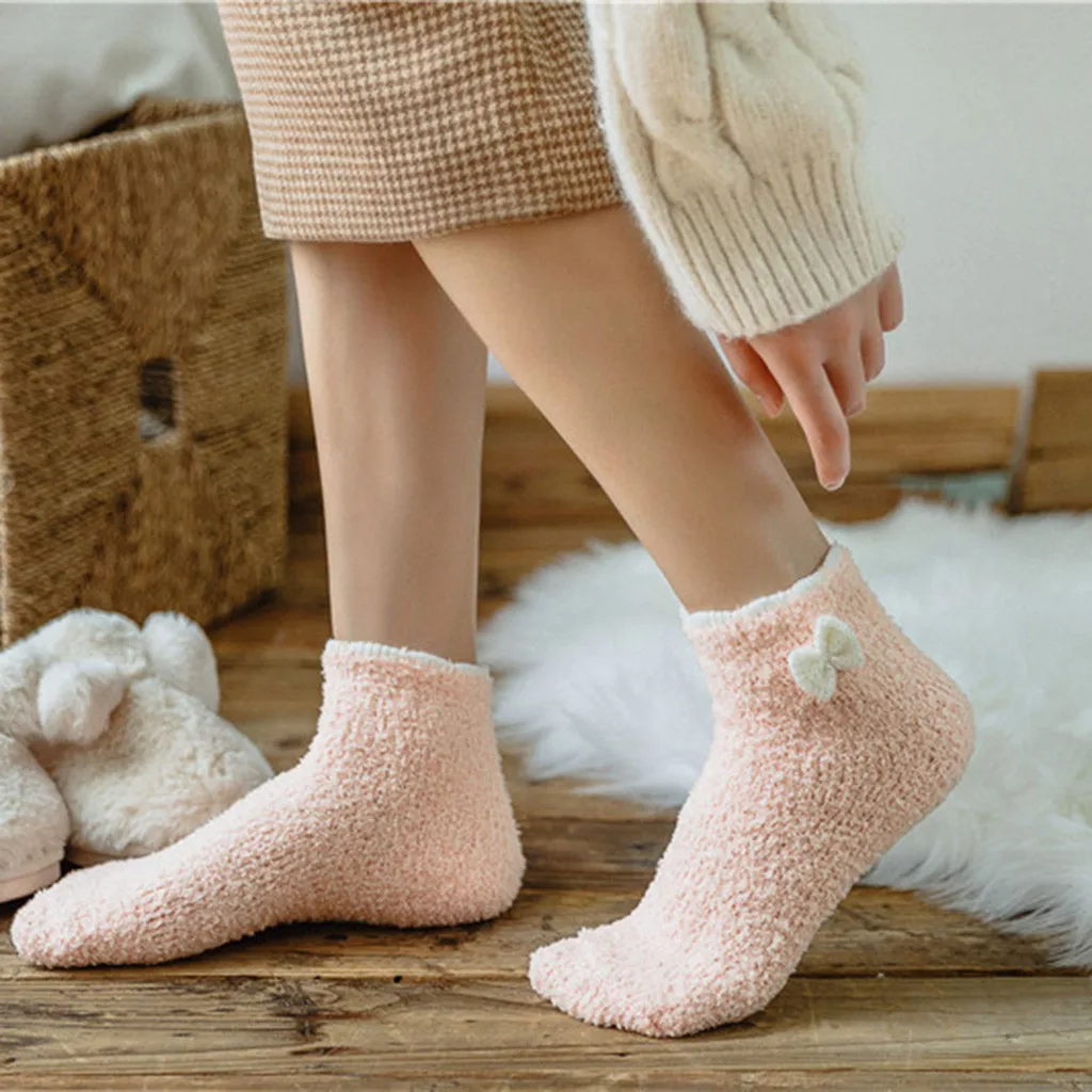 Женские мягкие теплые носки Calcetines Mujer Флисовые Тапочки с бантиком большие