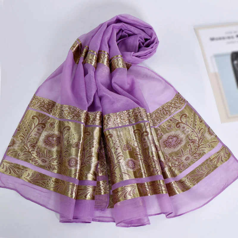 Дизайн Блестящий мерцающий мусульманский хиджаб высокого качества органза золотой цветочный принт длинный Шелковый индийский шарф