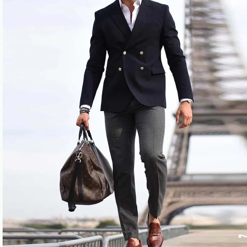 

2018 navy blue peaked lapel man tuxedos double breasted men suit for wedding smart business casual street blazer jacket+pants