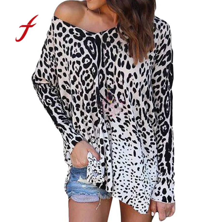 

feitong Cotton Female T-shirt Clothing Tops Outfits tees Shirts Womens Long Sleeve Leopard Print Fashion T-Shirt