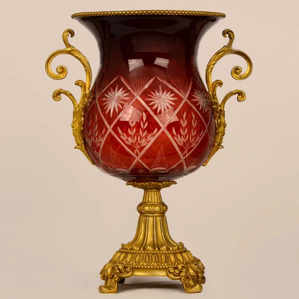 classical style dark red glass with golden copper vase, luxury ceramic