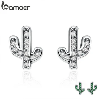 

BAMOER Spring Collection 100% 925 Sterling Silver White & Green Cactus Stud Earrings for Women Silver Jewelry Bijoux SCE286