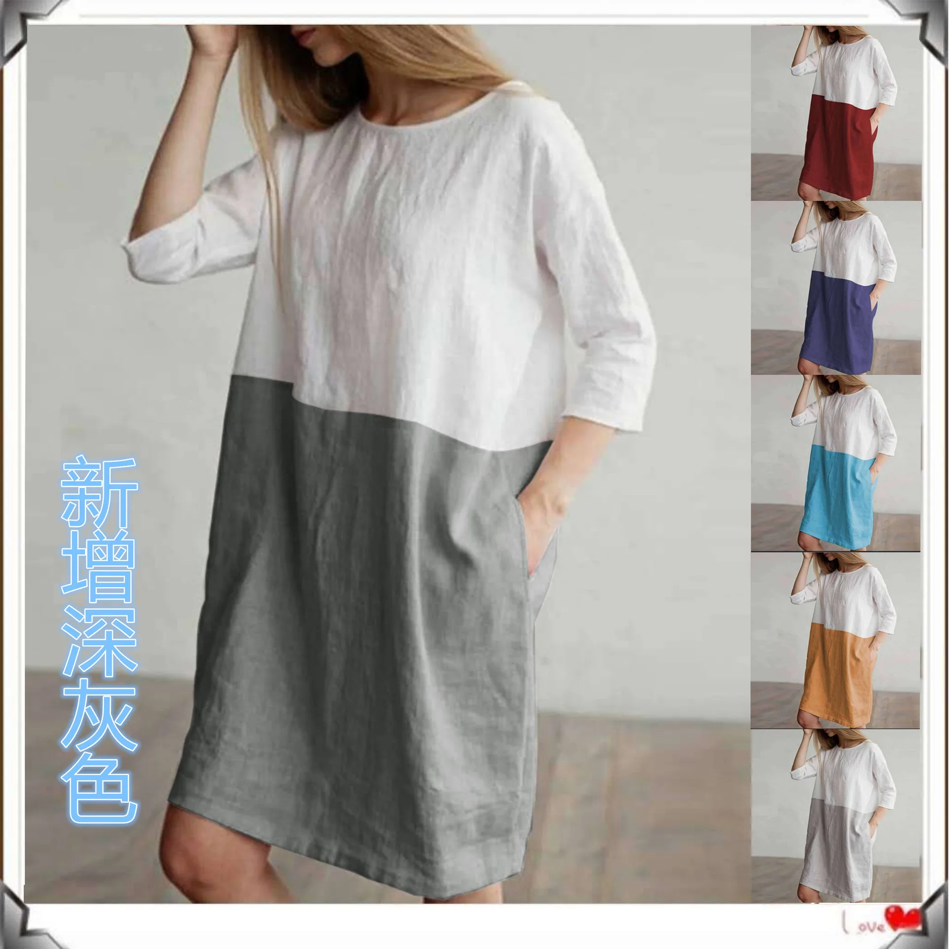 

New Fashion Women Casual Lady Stitching half-sleeved cotton hemp dress Patchwork cotton loose pockets Tunic dress