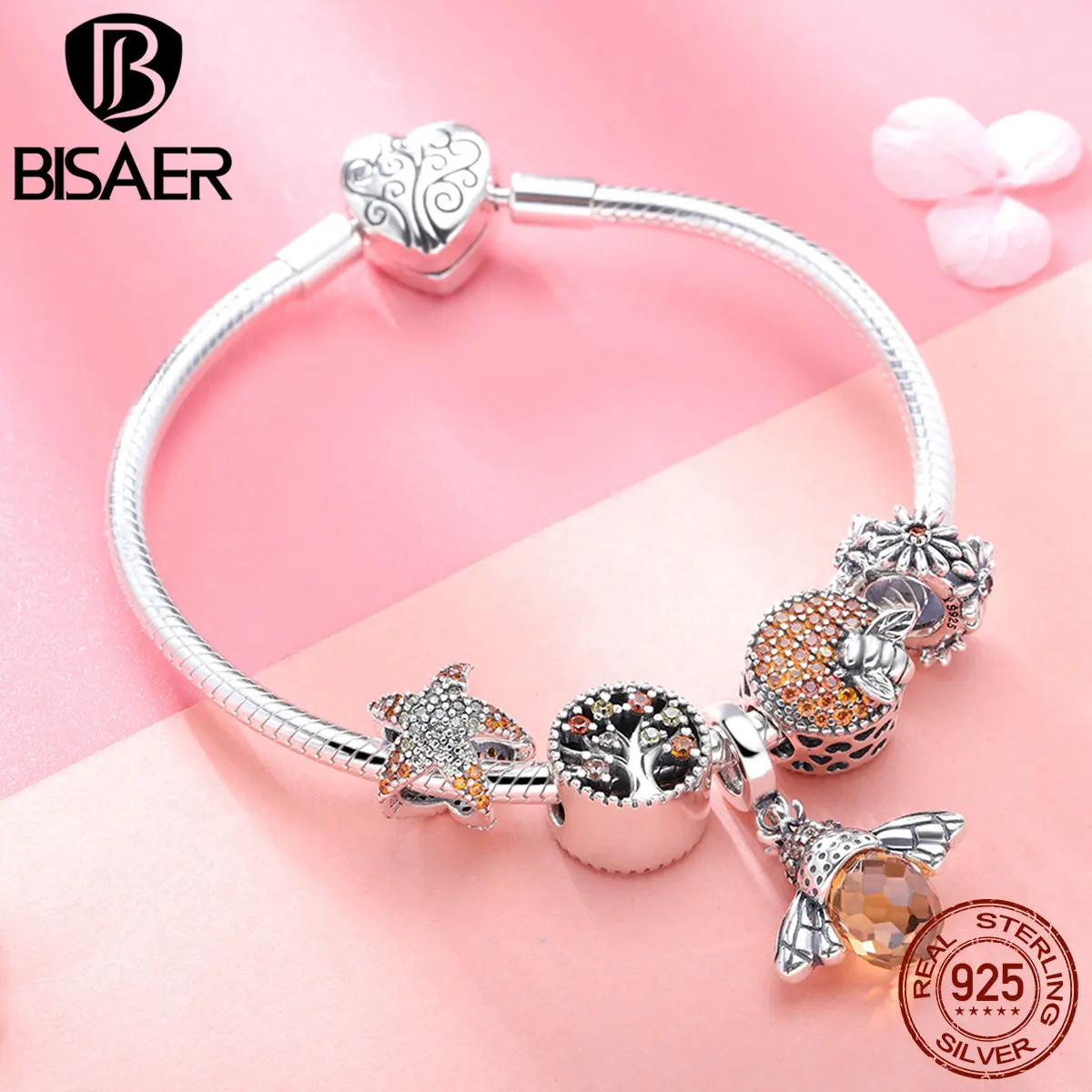 BISAER 925 пробы Серебряная пчела коллекция насекомых CZ PAVE Bee браслет с подвеской для женщин бренд браслет GXB805