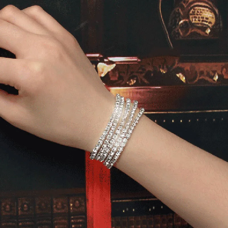 TREAZY 1-8 Rows Rhinestone Crystal Bracelet Bangle Elastic Bling Wristband Wedding Bridal Bridesmaid Bracelet Jewelry Gifts 4