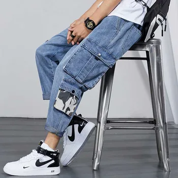 

Loose Baggy Cargo Pants Denim Jeans for Men Camouflage Pocket Hip Hop Harem Pants Men Clothes Plus Size Elastic Waist