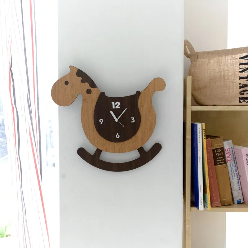 

Cute Cartoon Wooden Wall Clock Swing Modern Design Kids Bedroom Decorative Watch Trojan Wood Clocks Silent Home Decor 15 inch
