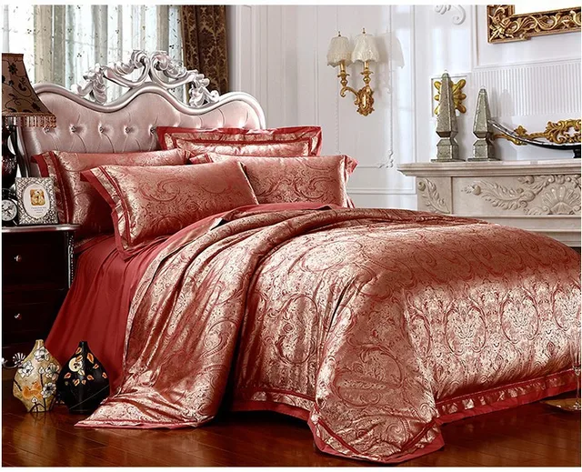 Luxury gold red satin jacquard bedding set for king queen size duvet