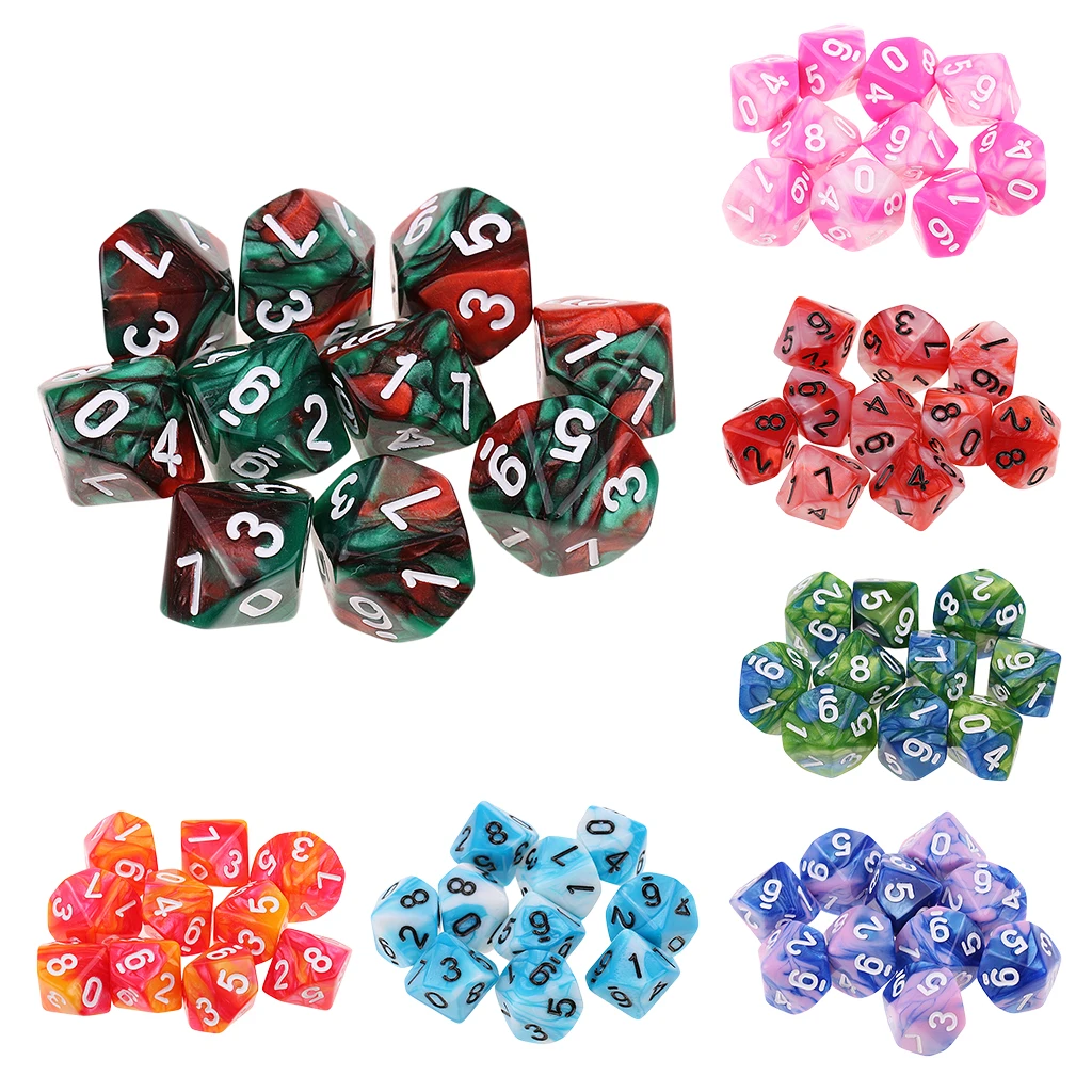Multi sided dice set of 10 D10 Dungeons D&D RPG Role play Red+Black 