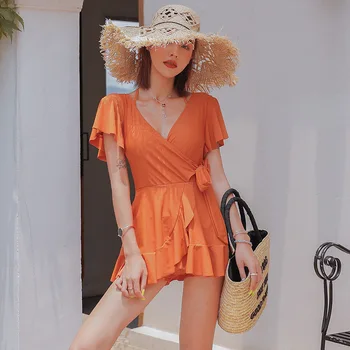 

Women's Swimwear One-Piece Swimsuit For Surfing One Piece Female Plus Size Women Korean New Super Immortal Pleated Skirt Solid