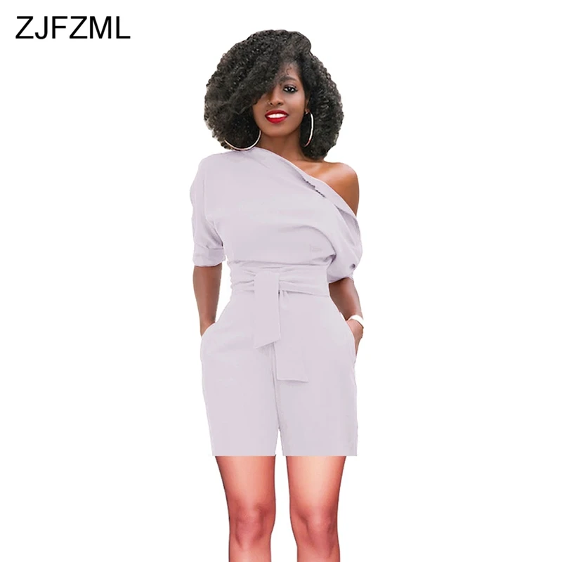 ZJFZML Solid Plus Size Rompers Womens Jumpsuit 2018 One Shoulder Short Sleeve One Piece Playsuit Elegant Sashes Short Bodysuits