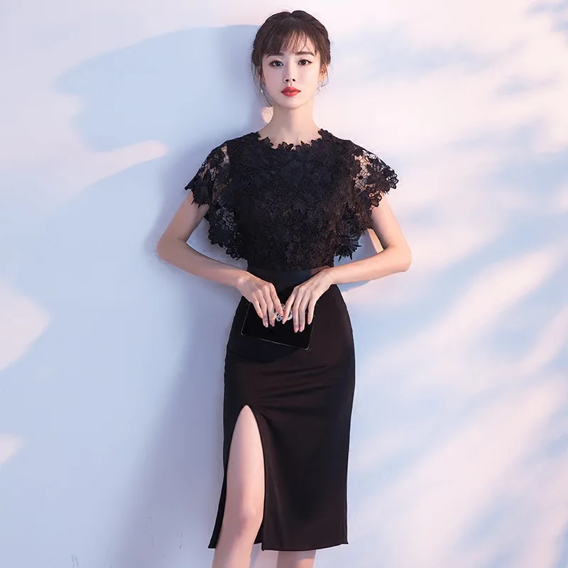 2019 New Sexy Slit Knee Length Cocktail Dress Black High Quality Custom Made Woman Part Cocktail Dresses