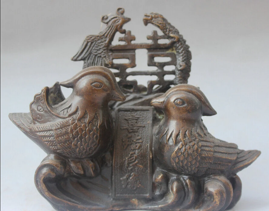 

7" Chinese Folk Feng Shui Bronze Mandarin Duck Dragon Phoenix Statue Sculpture