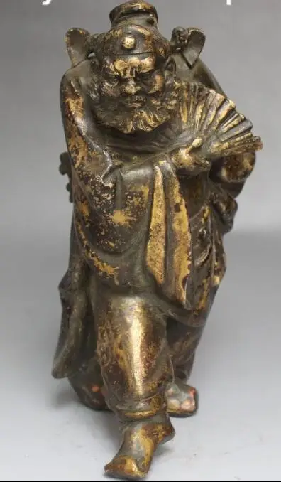 

S00281 9" Chinese Old Bronze Zhong Kui ChungKuel God Demon Devil Hold Fan Statue (B0413)