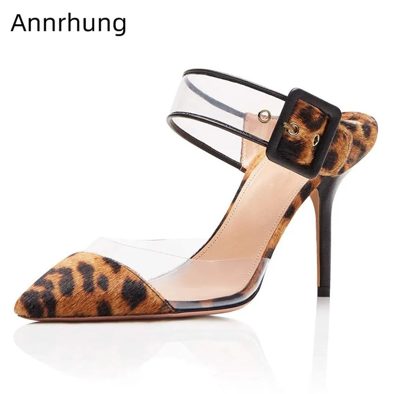 

Sexy Leopard High Heels Slingback Sandals Women Pointed Toe Buckle Strap Runway Shoes Genuine Leather PVC Patchwork Sandals