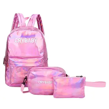 

3pcs/Set Street Style Letters Women Laser Hologram Leather Backpacks Teen Students Zipper Shoulder School Backpack 2019