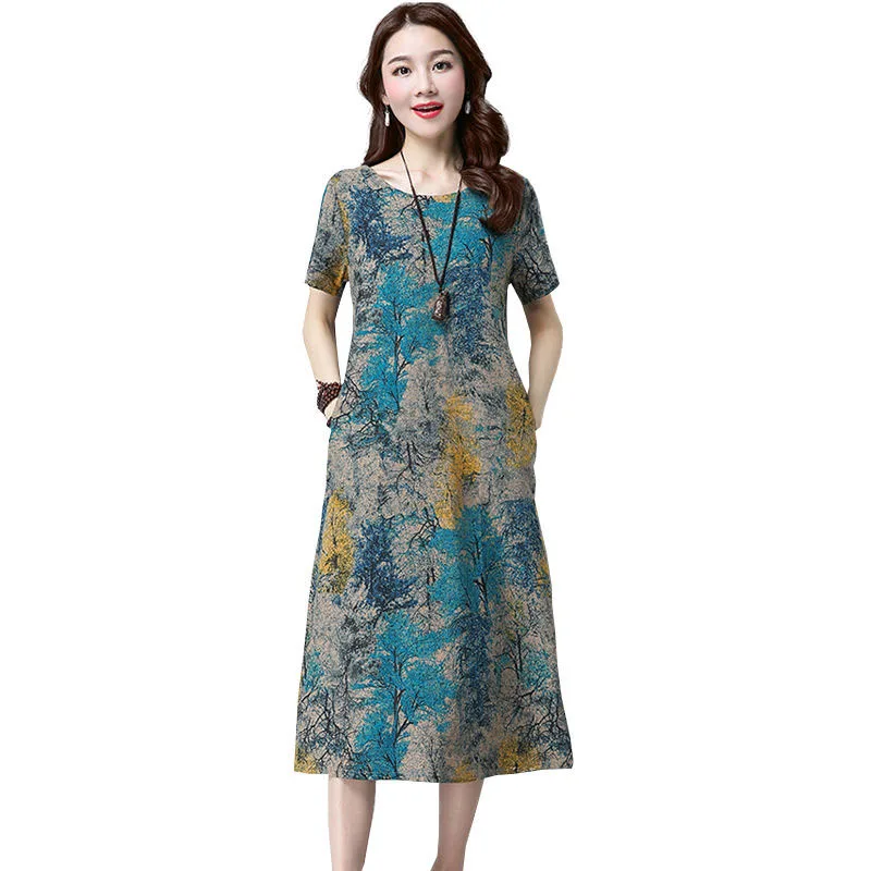 

Fashion New Summer Women dresses Plus Size Casual Cotton Dress Loose Short Sleeve O-Neck Print Vintage Dress Style DF2516