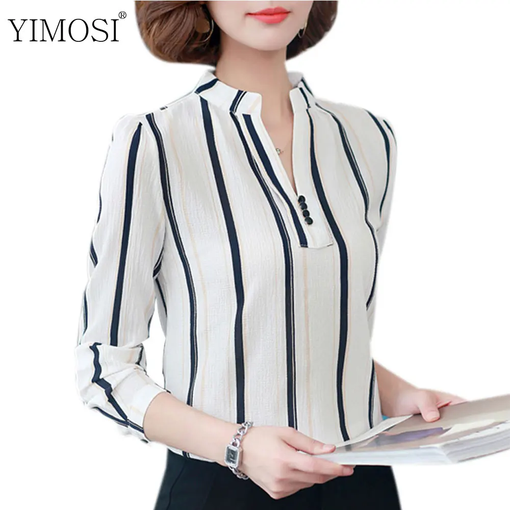 

Autumn Women Chiffon Blouse Shirt 2019 Korean Style Print Stripe Shirt Lady Office OL Tops Plus Size Long Sleeve Female Clothing