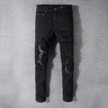 Модные уличные мужские джинсы высокого качества черного цвета облегающие эластичные рваные джинсы мужские Лоскутные кожаные Соединенные хип-хоп джинсы