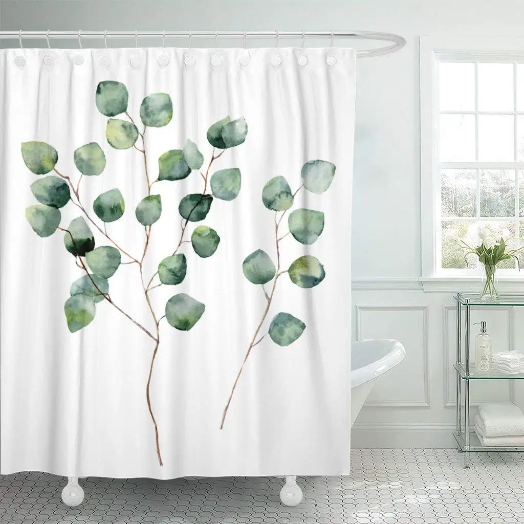 Waterproof Shower Curtains Watercolor Silver Dollar Eucalyptus with