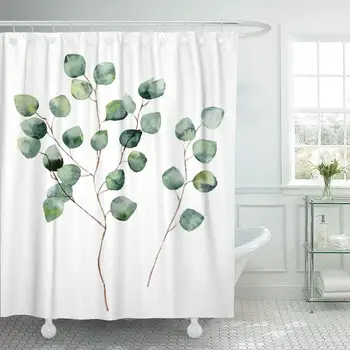 

Waterproof Shower Curtains Watercolor Silver Dollar Eucalyptus with Round Leaves and Branches Hand Floral White Extra Long