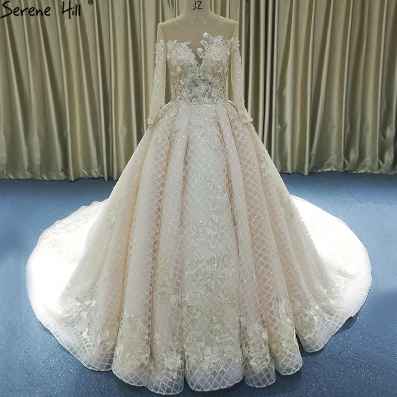 

Dubai Design Long Sleeves Gliter Wedding Dresses 2019 O-Neck High-end Sequined Pearls Bridal Gown HA2209 Custom Made