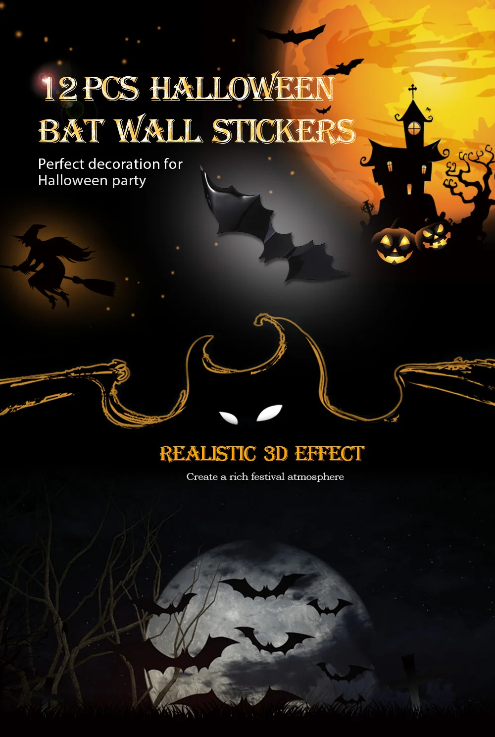 12PCS Halloween Bat Wall Stickers Decor Door Window Decals 