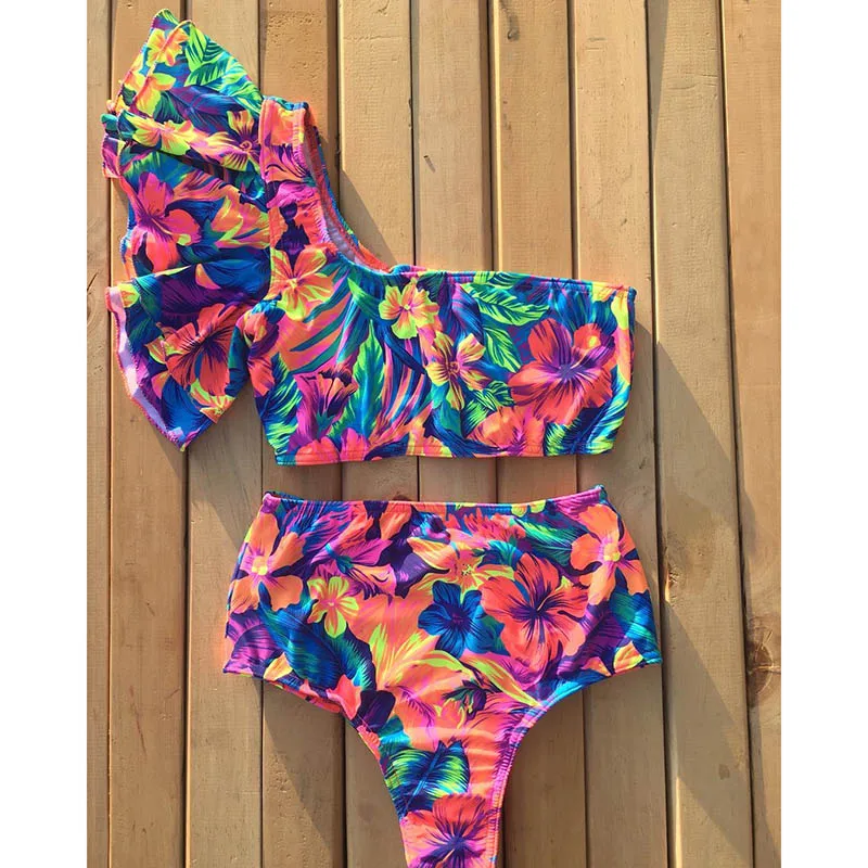 

2019 Women One Shoulder Ruffle Printed High Waist Push Up Bikini Sets Brazilian Swimwear Bathing Suits