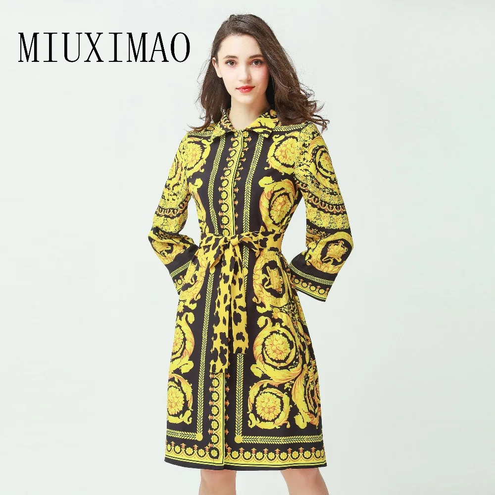 

2018 Spring & Summer New Arrival Fashion A-Line Turn-down Collar Full Sleeve Sashes Pattern Print Knee-Length Dress Women